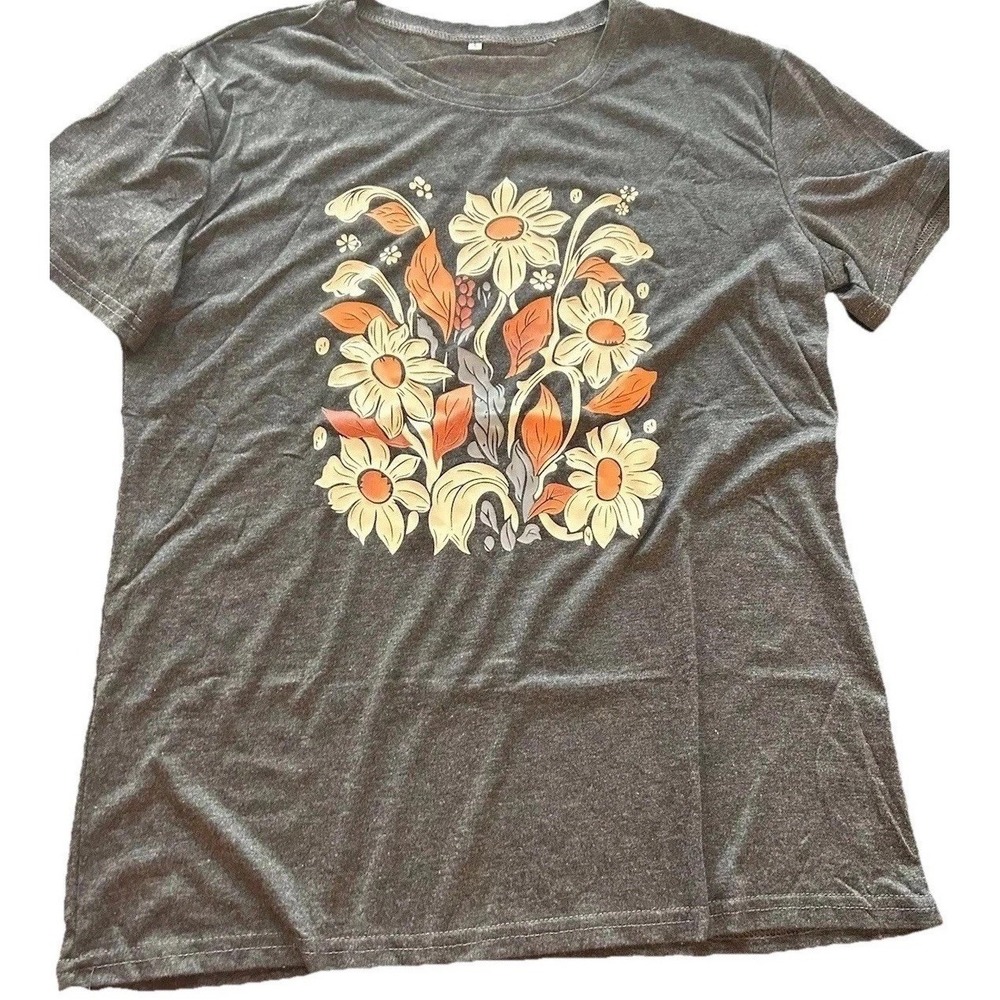 New Women's‎ Gray T-shirt L Orange Wildflowers 70's Vibe SS Large Floral Graphic
